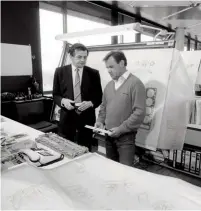  ??  ?? Below left: March 6th, 1987, left: Hans Mezger and Valentin Schäffer considerin­g the Indy Porsche project