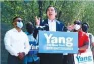  ?? FILE PHOTO BY GABRIELA BHASKAR/THE NEW YORK TIMES ?? Andrew Yang, a candidate for mayor of New York, speaks at news conference outside the Justice Sonia Sotomayor Community Center in The Bronx.