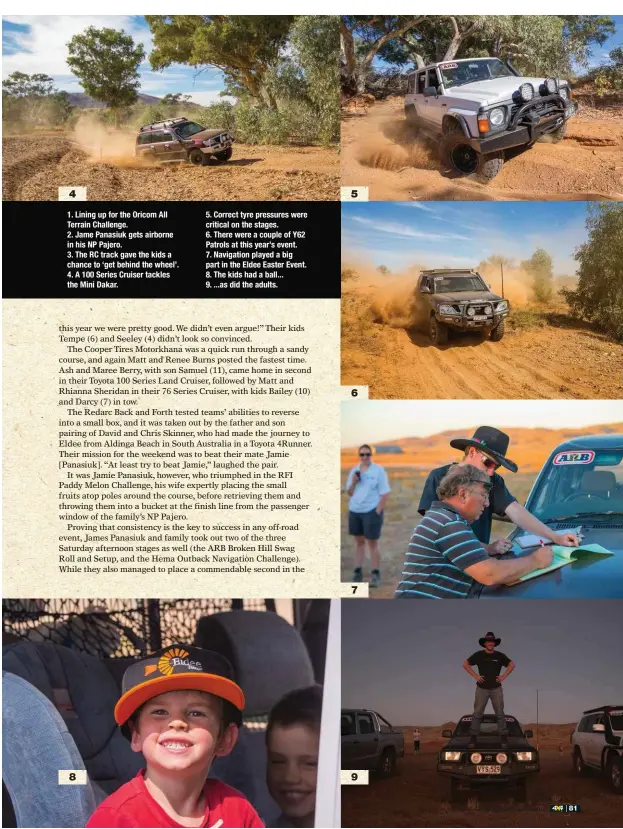  ??  ?? 4 1. Lining up for the Oricom All Terrain Challenge. 2. Jame Panasiuk gets airborne in his NP Pajero. 3. The RC track gave the kids a chance to ‘get behind the wheel’. 4. A 100 Series Cruiser tackles the Mini Dakar. 8 5. Correct tyre pressures were...