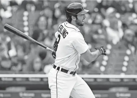  ?? RICK OSENTOSKI/USA TODAY SPORTS ?? Tigers right fielder Matt Vierling hits an RBI double in the third inning against the Orioles in the first game of the doublehead­er on Saturday at Comerica Park.