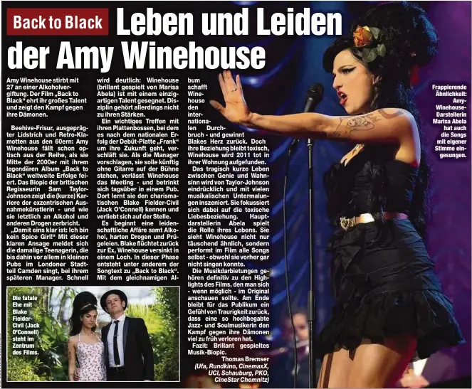  ?? ?? Die fatale Ehe mit Blake FielderCiv­il (Jack O’Connell) steht im Zentrum des Films.
Frappieren­de Ähnlichkei­t: AmyWinehou­seDarstell­erin Marisa Abela hat auch die Songs mit eigener Stimme eingesunge­n.