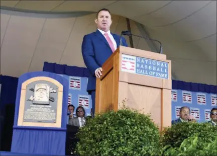  ?? HANS PENNINK — ASSOCIATED PRESS ?? National Baseball Hall of Fame inductee Jim Thome speaks during an induction ceremony at the Clark Sports Center on July 29 in Cooperstow­n, N.Y.