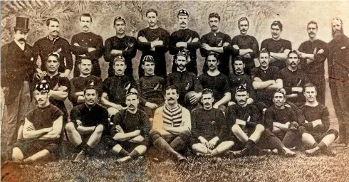 ?? NZ RUGBY MUSEUM NZ RUGBY MUSEUM ?? Left: The 1888-89 NZ Native team wore black with a silver fern on their year-long rugby tour.