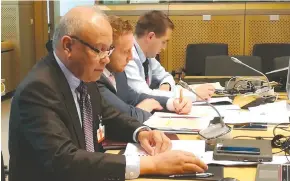  ??  ?? Fiji’s Climate Ambassador and Permanent Representa­tive to the European Union, Deo Saran (left) during the European Heads of Climate Delegation­s meeting in Brussels.