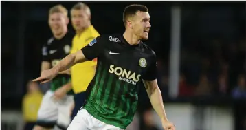  ??  ?? Aaron Greene of Bray Wanderers celebrates after scoring against Drogheda United.