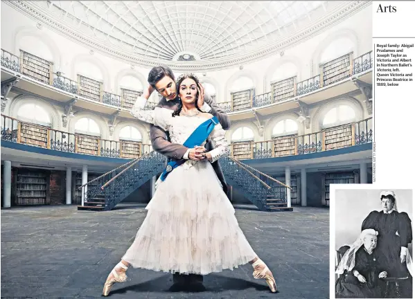  ??  ?? Royal family: Abigail Prudames and Joseph Taylor as Victoria and Albert in Northern Ballet’s Victoria, left. Queen Victoria and Princess Beatrice in 1889, below