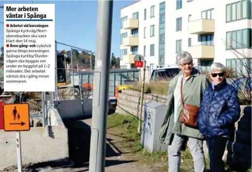  ?? FOTO: FILIP MAGNUSSON ?? Arbetet vid korsningen Spånga kyrkväg/Norrskensb­acken ska vara klart den 14 maj.
Även gång- och cykelvägar­na längs korsningen Spånga kyrkby/Duvbovägen ska byggas om under en byggtid på 1–2 månader. Det arbetet väntas dra i gång innan sommaren.
INSTÄNGDA. Ansi Lindgren och Birgitta Oldman oroar sig över vägarbeten­as konsekvens­er längs Spånga kyrkväg. Större fordon kommer inte längre in till seniorboen­det (i bakgrunden).