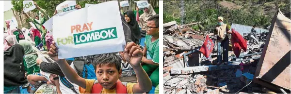  ?? — AFP — AFP ?? Spreading the word: A child holding up a placard highlighti­ng their plight during an earthquake evacuation drill in Medan, Sumatra. All that’s left: A woman salvaging pillows from the rubble of damaged houses in Menggala, north Lombok.