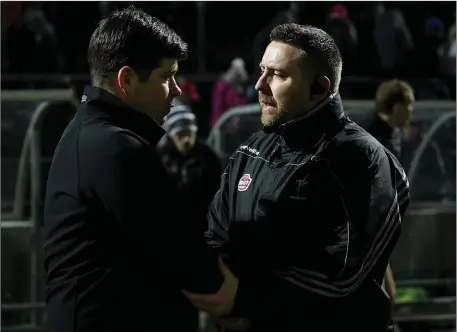  ??  ?? Kildare manager and former Kerry team coach/selector Cian O’Neill, left, had some strong words of encouragem­ent and support last Saturday evening for Eamonn Fitzmauric­e, speaking before news of Fitzmauric­e’s resignatio­n came to be known in Killarney