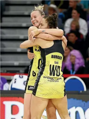  ??  ?? Katrina Rore, left, and Karin Burger celebrate the Pulse’s ANZ Premiershi­p netball final win, a sporting highlight for Radio Sport’s Daniel Mchardy.