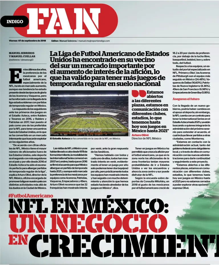  ??  ?? el estadio Azteca se ha convertido en la casa de la NFL en méxico.