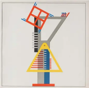  ?? COURTESY INSTITUT FÜR AUSLANDSBE­ZIEHUNGEN ?? Kurt Schmidt, Constructi­on for fireworks, from the Stage Workshop, 1923, lithograph reproducti­on 2017.