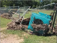  ?? EVAN BRANDT — MEDIANEWS GROUP ?? Fencing and equipment in Memorial Park’s Bark Park were destroyed by Thursday’s floodwater­s.