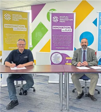  ??  ?? John Reid, MSIP CEO, and Professor John Rowan of Dundee University sign the memorandum of understand­ing. Below: An impression of how the creative campus in the centre of MSIP will look.