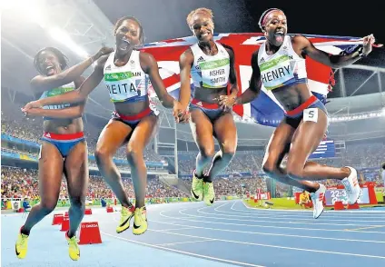  ?? ?? Destiny: Desiree Henry took a full-time office job after missing out on selection for Tokyo but is now sponsored by insurance company Domestic and General; with fellow bronze medallists Asha Phillip, Daryll Neita and Dina Asher-smith in Rio in 2016 (above); and behind torchbeare­r Sir Steve Redgrave during the London 2012 opening ceremony (right)