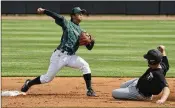  ?? CHRIS O’MEARA / AP ?? East Japan Railway Company’s Komuro forces MLB free agent Chris Johnson at second base during a scrimmage Tuesday in Bradenton, Fla.