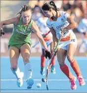  ?? HOCKEY INDIA ?? Vandana Katariya vies for the ball with Ireland’s Yvonne O'byrne in the women’s World Cup hockey quarterfin­al.