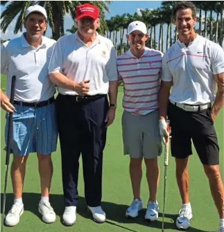  ??  ?? On the course: Rory McIlroy, second right, with Singer, Trump and O’Neill