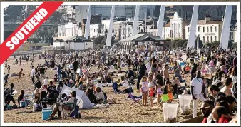  ??  ?? Unwanted scenes...large crowds gathered at Southend Seafront, above; Potters Fields, below, and the Lammas Land park, bottom, yesterday