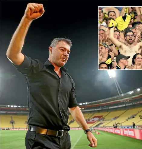 ?? GETTY IMAGES ?? Passionate Wellington Phoenix coach Mark Rudan acknowledg­es the backing of the club’s Yellow Fever supporters after their comeback win over the Central Coast Mariners. Inset, Phoenix fans are having plenty of reasons to get their shirts off this season.