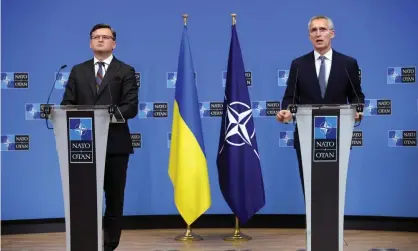  ?? Photograph: Anadolu Agency/Getty Images ?? Jens Stoltenber­g (right) and the Ukrainian foreign minister, Dmytro Kuleba, at a joint press conference in Brussels.