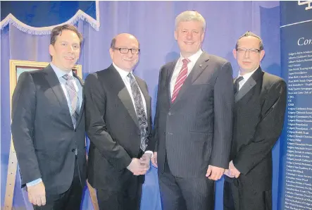  ?? PHOTOS, BILL BROOKS. ?? Pictured, from left, at the 66th Annual B’nai Brith Dinner held Mar. 16 at the Beth Tzedec Synagogue are B’nai Brith Canada president Michael Mostyn, dinner chair Howard Silver, honouree former prime minister Stephen Harper and B’nai Brith Calgary...