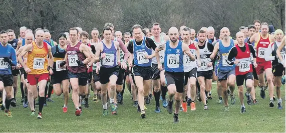  ??  ?? Start of the veterans relay in the Durham Cathedral Relays at Maiden Castle. Ian Dixon (173) led the field home and set Sunderland Harriers on the way to victory