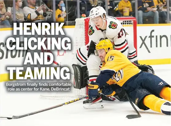  ?? MARK HUMPHREY/AP ?? Blackhawks center Henrik Borgstrom, who had been hampered by poor health, has been a good fit with Patrick Kane and Alex DeBrincat on the first line.