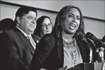  ?? ANTONIO PEREZ/CHICAGO TRIBUNE ?? Then-state Sen. Toi Hutchinson speaks in June before Gov. J.B. Pritzker signed a bill to legalize marijuana in Illinois.