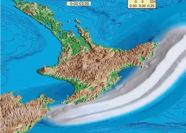  ??  ?? An earthquake from the Hikurangi subduction zone could devastate the east coast of New Zealand with a tsunami as shown in this graphic projection.