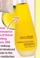  ??  ?? Decleor Aromessenc­e messence Rose D’orient Soothing Serum, $90 Her makeup artist introduced the star to this luxe moisturise­r.