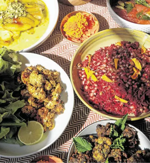  ?? Melissa Phillip / Staff photograph­er ?? Clockwise from top right: Grapefruit Chili Chutney, Pomegranat­e Pilaf, Zucchini Moong Fritters, Cauliflowe­r Ghee Roast and Caramel Bananas in Saffron Cream; recipes on page D5