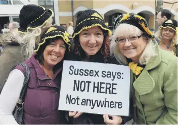  ?? ?? Fracking protesters Jackie Bedson from Balcombe, Becky Lawrence from Brighton and Bernadette O’Grady from Balcombe, at County Hall North in Horsham in 2014