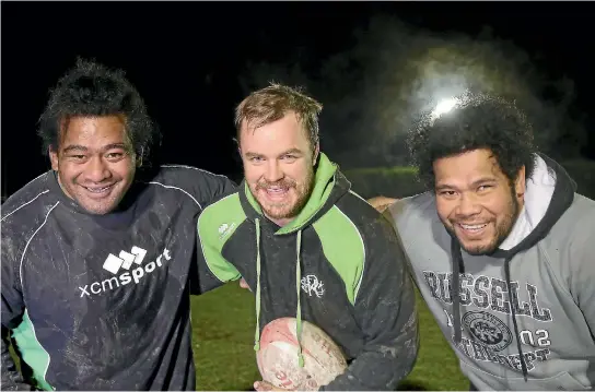  ?? JOHN BISSET/FAIRFAX NZ ?? Celtic veterans (from left) Matt Fetu, Nick Strachan and Kali Latu are hoping for their eighth senior rugby title in a row.
