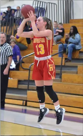  ?? PETE BANNAN - MEDIANEWS GROUP ?? Haverford’s Chiara MacGillivr­ay hits one of her five 3-pointers against Upper Darby Friday. MacGillivr­ay led all scorers with 22 points in a 5649 Fords win.