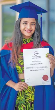  ?? Photo: Leon Lord ?? Shalvina Reddy after her graduation on Friday.