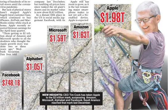  ??  ?? NEW HEIGHTS: CEO Tim Cook has taken Apple to the $2 trillion mark, surpassing Amazon, Microsoft, Alphabet and Facebook. Saudi Aramco reached that mark last December.