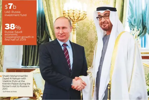  ?? Gulf News archives ?? Shaikh Mohammad Bin Zayed Al Nahyan with Vladimir Putin at the Kremlin Palace during the former’s visit to Russia in 2017.
