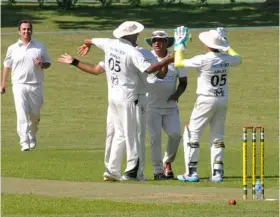  ??  ?? Shinfield celebrate as they take a wicket from Crows
