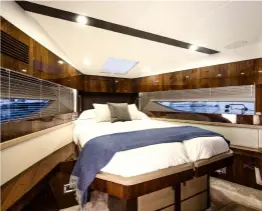  ??  ?? ABOVE RIGHT: The forward cabin can be the master if preferred. Here it’s in VIP mode with scissor-action berths