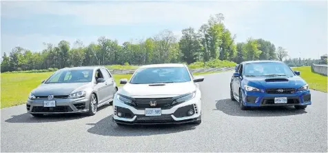  ?? DRIVING.CA ?? From left: Volkswagen Golf R, Honda Civic Type R and Subaru WRX STI