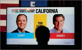  ?? JAE C. HONG — ASSOCIATED PRESS ?? Photos of U.S. Rep. Adam Schiff and Republican Steve Garvey flash during an election night Hollywood party for Schiff on March 5. They will face off for the state's Senate seat in November.