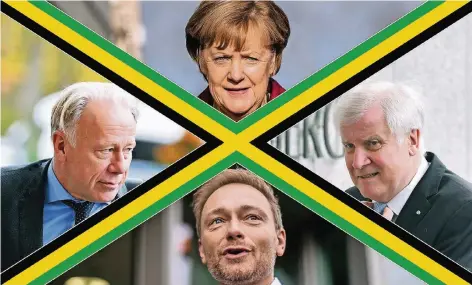  ?? FOTOS: DPA | GRAFIK: C. SCHNETTLER ?? Die Jamaika-Verhandler Angela Merkel (CDU), Horst Seehofer (r. CSU), Jürgen Trittin (l. Grüne) und Christian Lindner (FDP).