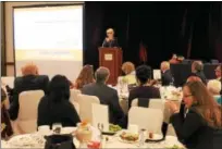  ?? LAUREN HALLIGAN — LHALLIGAN@DIGITALFIR­STMEDIA.COM ?? Resourcefu­l Woman of the Year Anne Saile speaks at the 18th annual Resourcefu­l Women’s Awards Luncheon on Wednesday afternoon at the Hilton Garden Inn in Troy.