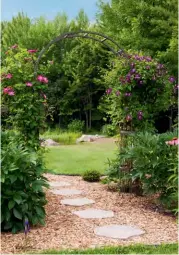  ??  ?? BELOW, LEFT Clematis viticella climbs an arbour; below it, stepping stones beckon visitors to another area of the vast gardens.