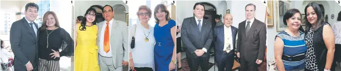  ??  ?? (1) César Coronado y Eliana Durand. (2) Fabiola Soto y Arturo Echenique. (3) Sandra Atala y Rossana Roncal. (4) Oswaldo Valecillos, Filinto Durand y Eugenio Trejos. (5) Rossina Sagastume y Sara Ardón Ponce.