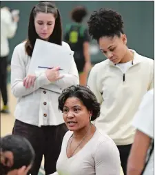  ?? PETER HUOPPI/THE DAY ?? New London assistant coaches and former players Cora Sawyer (left) and Jada Lucas (right) listen to head coach Tammy Millsaps during a game against Cathedral of Boston on Jan. 2.