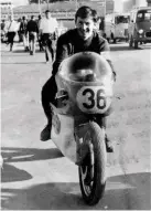  ??  ?? Above: With the Honda 500. Mike Hailwood is far right, Robin far left and that’s Derek Woodman on crutches
Left: Happily riding Peter Williams’ bike to the start for him in the early 1970s
Far left: Mike Hailwood joshing in 1966. Robin is on the far left