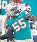  ?? JOHN MCCALL/ SOUTH FLORIDA SUN SENTINEL ?? Dolphins linebacker Jerome Baker celebrates after sacking Patriots quarterbac­k Cam Newton on Dec. 20.