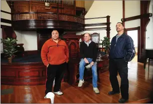  ?? Ernest A. Brown/The Call ?? Grace Christian Fellowship Pastor John A. Ricci, left, discusses the extensive renovation­s of the historic church with Deacon Vic Simonin, center, and Church Elder Mike Izzi. The three, along with many volunteers, completely renovated the former First...